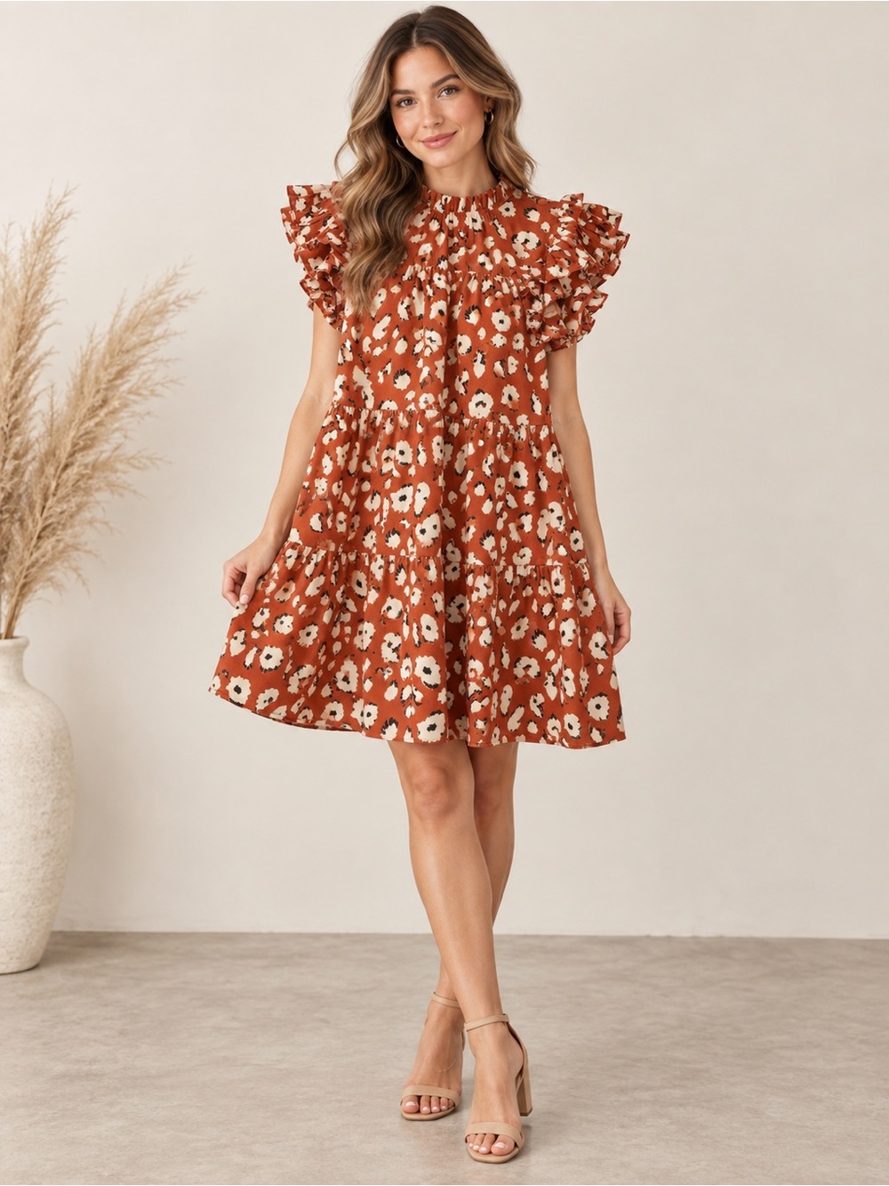 rust animal print ruffle tiered mini dress flutter sleeve boho